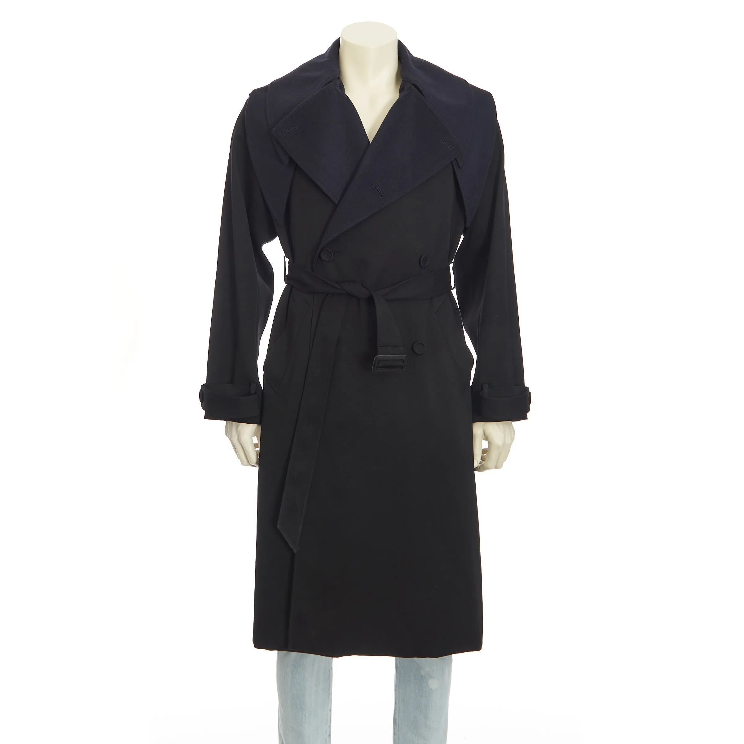 Black Wool Trench Coat With Bandana Collar