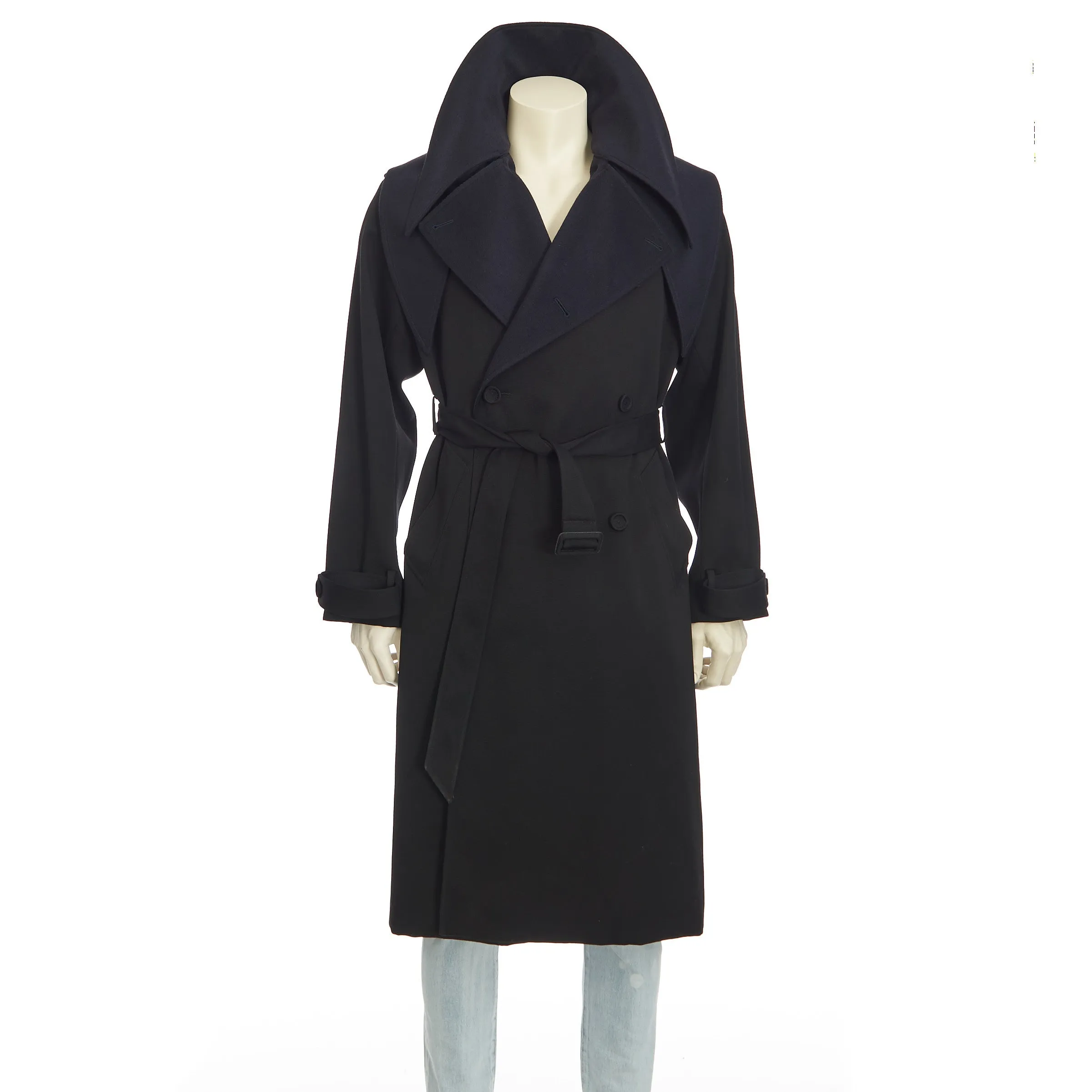 Black Wool Trench Coat With Bandana Collar