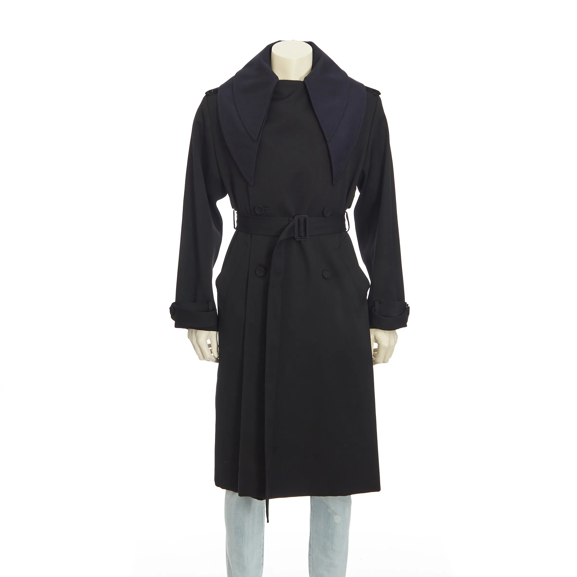 Black Wool Trench Coat With Bandana Collar