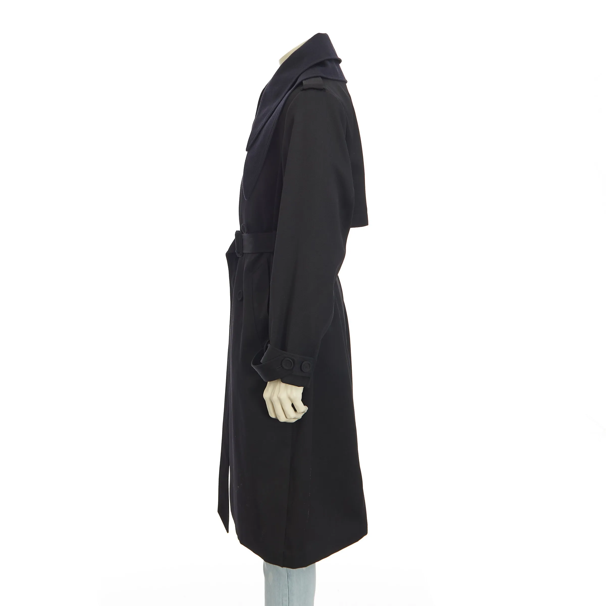 Black Wool Trench Coat With Bandana Collar