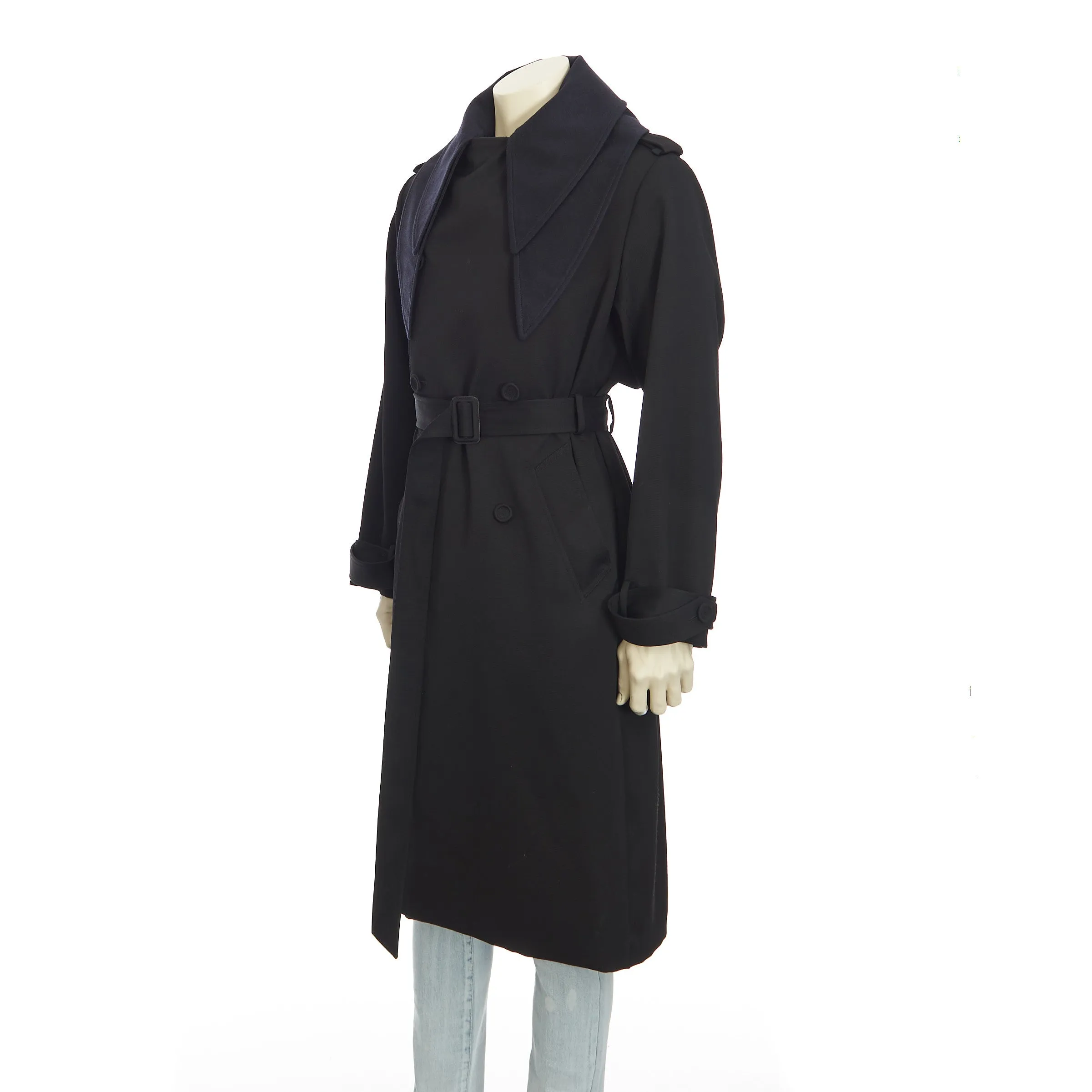 Black Wool Trench Coat With Bandana Collar