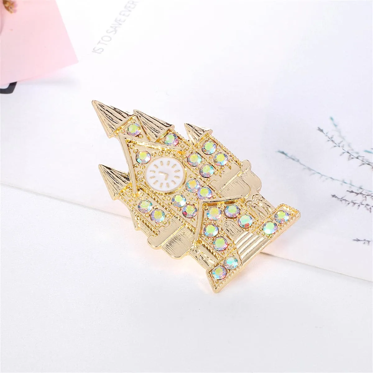 Blue Cubic Zirconia & Enamel 18K Gold-Plated Castle Brooch