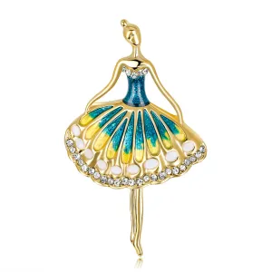 Blue Enamel & Cubic Zironia 18K Gold-Plated Dancing Girl Brooch