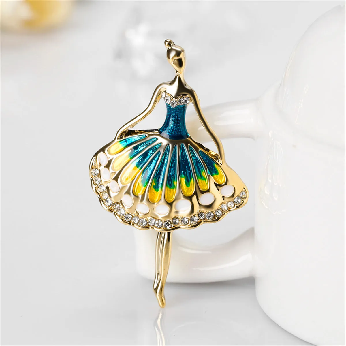 Blue Enamel & Cubic Zironia 18K Gold-Plated Dancing Girl Brooch