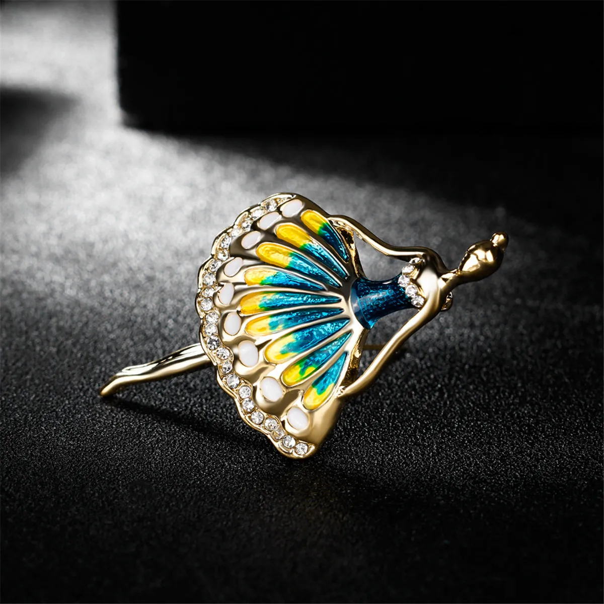 Blue Enamel & Cubic Zironia 18K Gold-Plated Dancing Girl Brooch