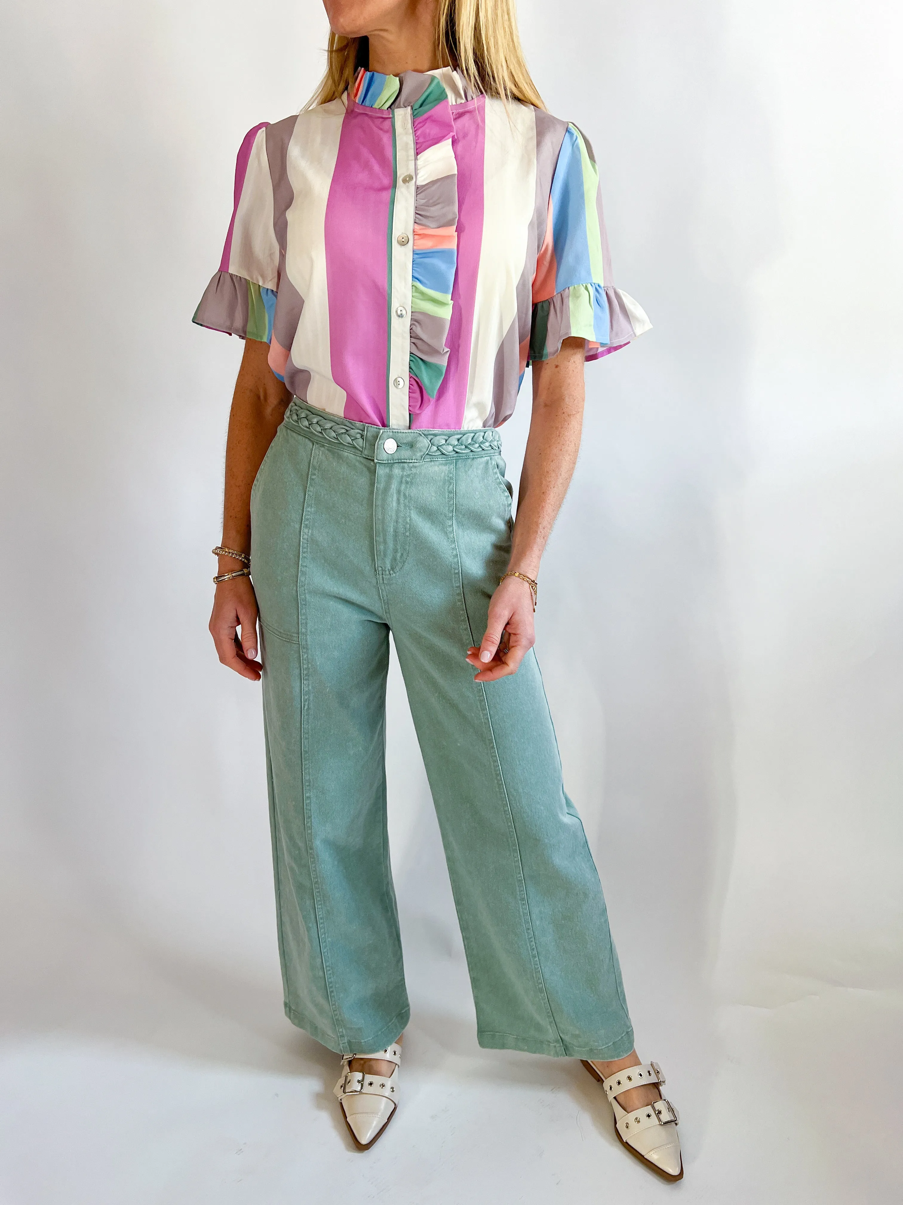Braided Waist Wide Leg Denim