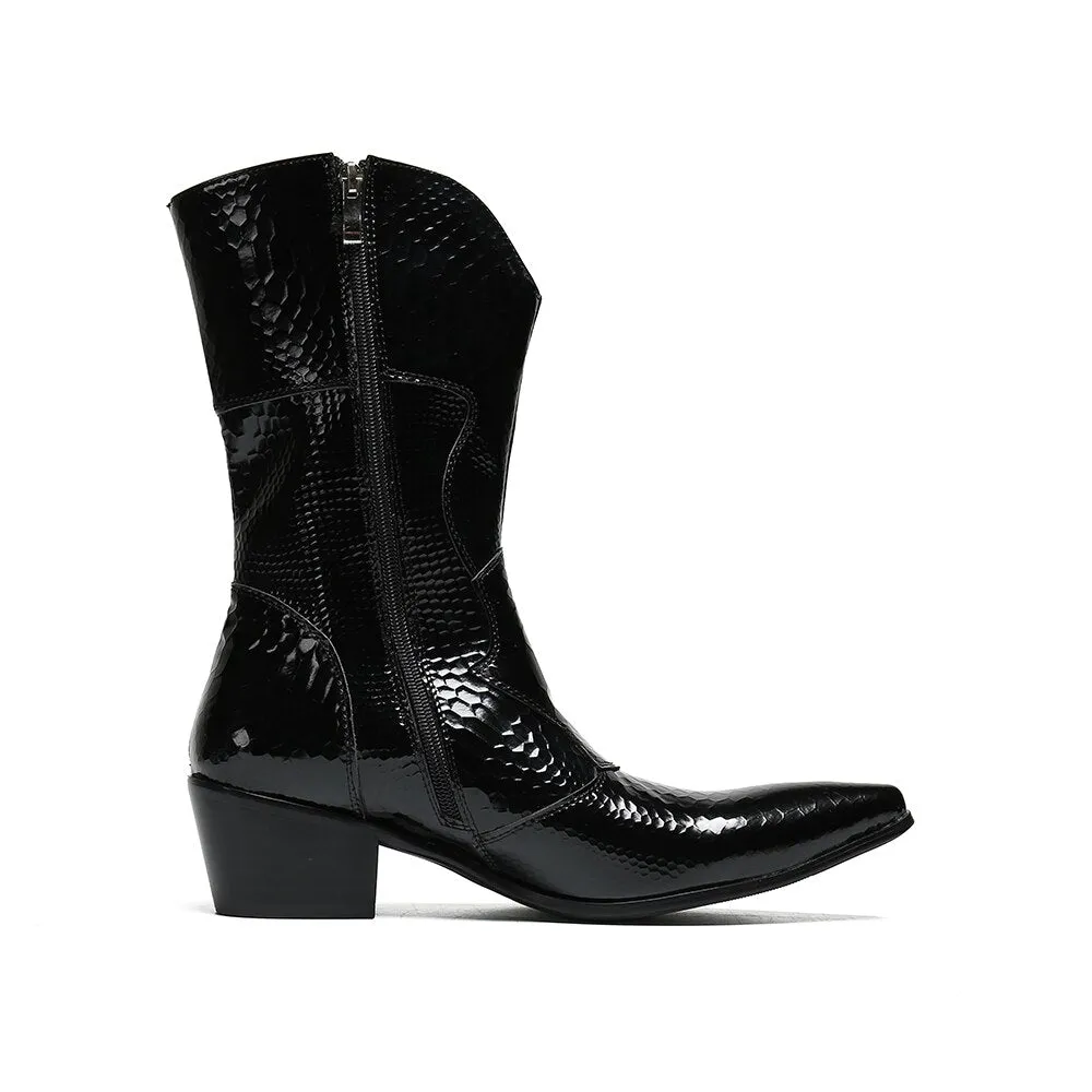 British Designer Winter Men Shoes Pointed Toe Genuine Leather Middle Boots Big Size Western Cowboy Long Boots Men Botas Hombre