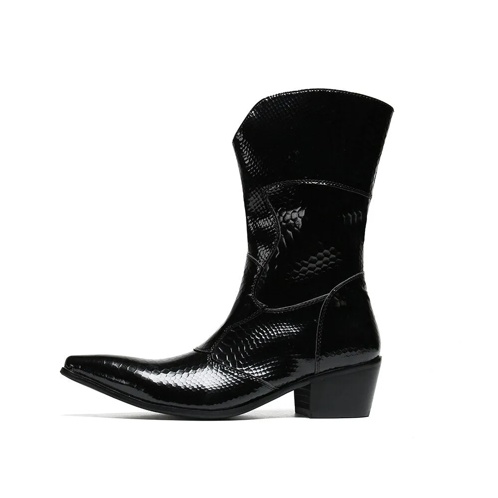 British Designer Winter Men Shoes Pointed Toe Genuine Leather Middle Boots Big Size Western Cowboy Long Boots Men Botas Hombre
