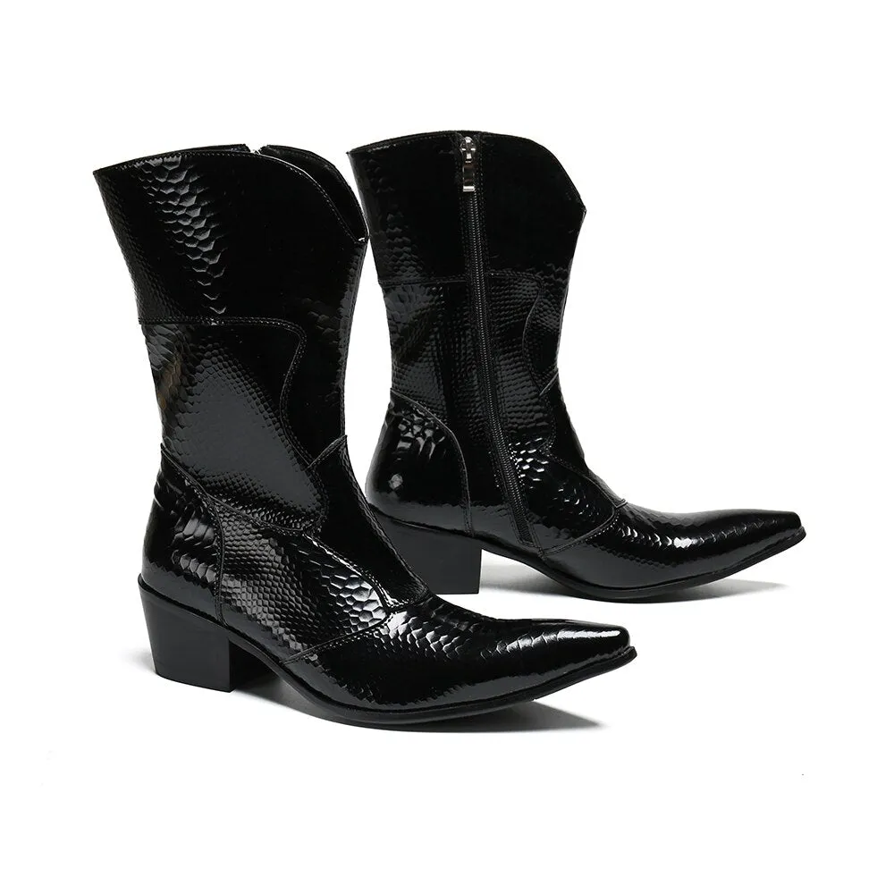 British Designer Winter Men Shoes Pointed Toe Genuine Leather Middle Boots Big Size Western Cowboy Long Boots Men Botas Hombre