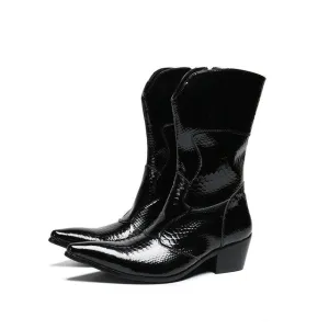 British Designer Winter Men Shoes Pointed Toe Genuine Leather Middle Boots Big Size Western Cowboy Long Boots Men Botas Hombre