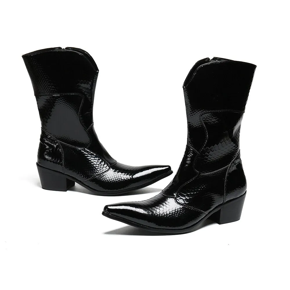 British Designer Winter Men Shoes Pointed Toe Genuine Leather Middle Boots Big Size Western Cowboy Long Boots Men Botas Hombre