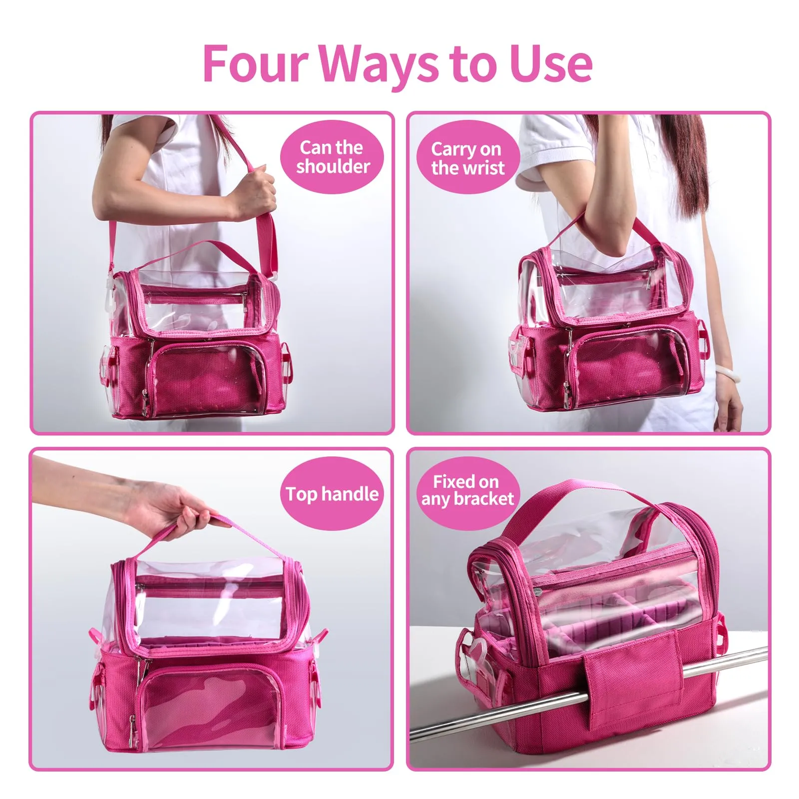 BS-MALL Makeup Bag, Transparent PVC Clear Travel Makeup Brush Holder, Tool Organizer Case with Shoulder Strap (Hotpink)