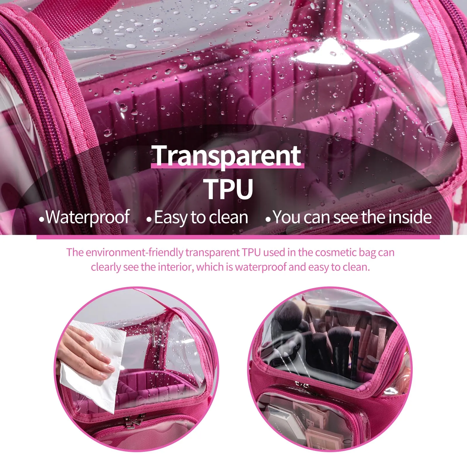BS-MALL Makeup Bag, Transparent PVC Clear Travel Makeup Brush Holder, Tool Organizer Case with Shoulder Strap (Hotpink)