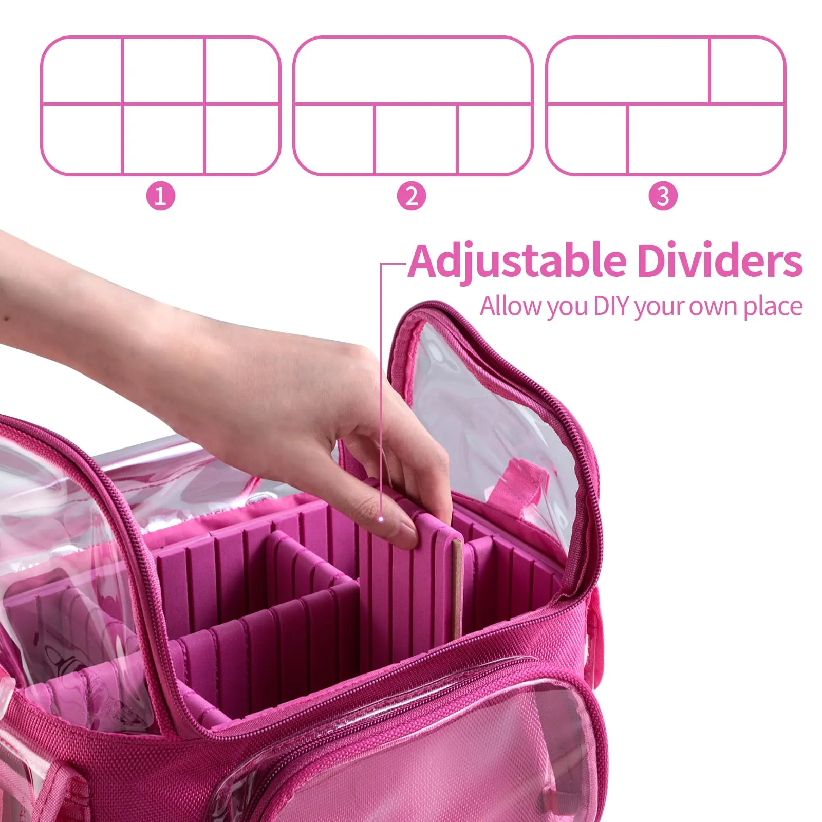 BS-MALL Makeup Bag, Transparent PVC Clear Travel Makeup Brush Holder, Tool Organizer Case with Shoulder Strap (Hotpink)