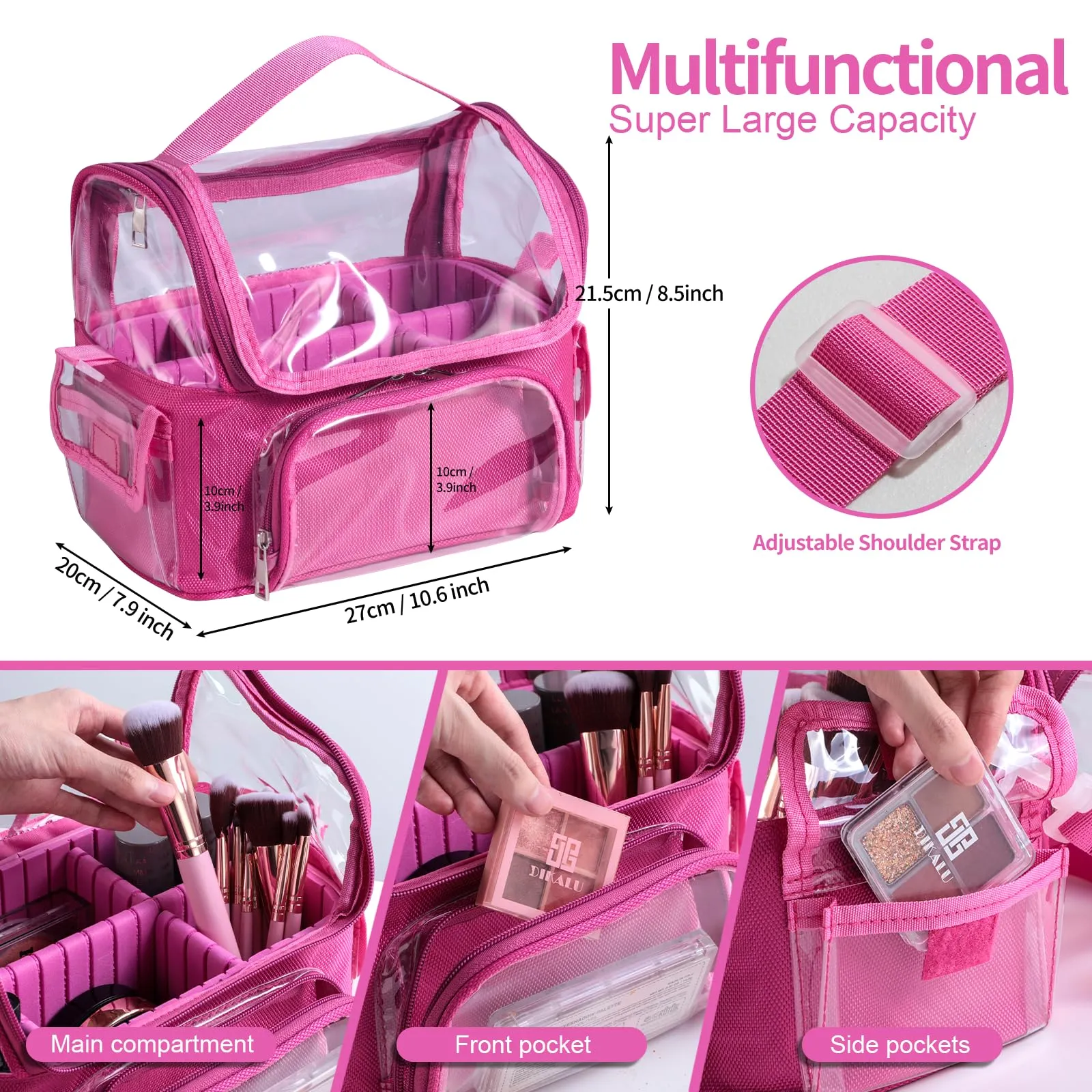 BS-MALL Makeup Bag, Transparent PVC Clear Travel Makeup Brush Holder, Tool Organizer Case with Shoulder Strap (Hotpink)