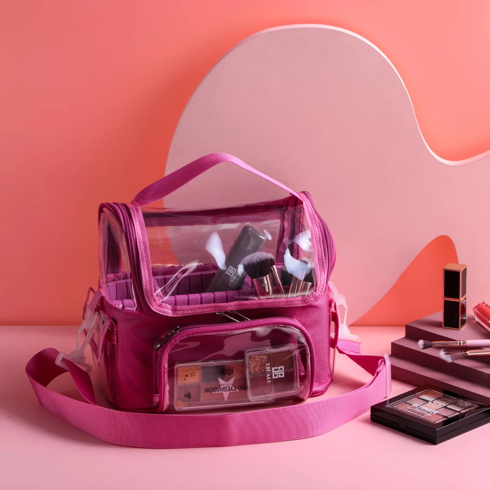 BS-MALL Makeup Bag, Transparent PVC Clear Travel Makeup Brush Holder, Tool Organizer Case with Shoulder Strap (Hotpink)