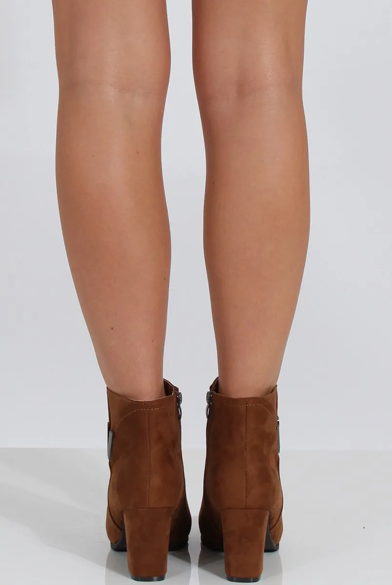 Camel Suede Heeled Boots with Metal Detailing - Nia