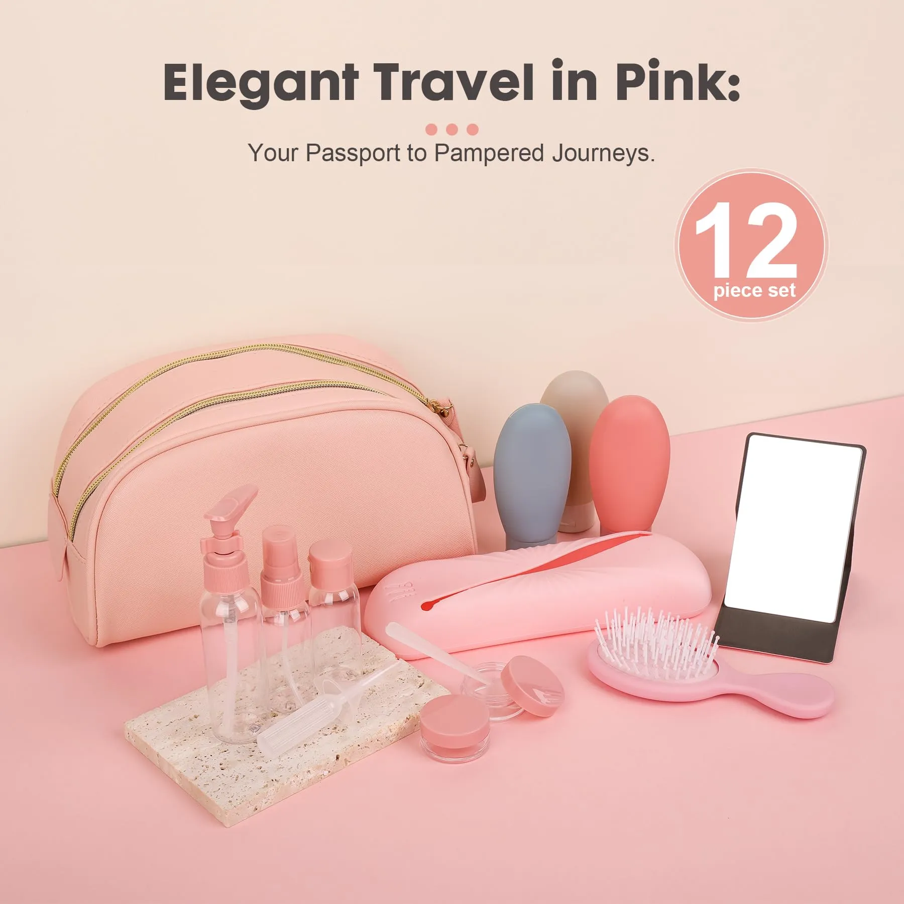 Carpdiem Travel Essentials for Women: Premium 12-Piece Travel Kit in Stylish Pink Cosmetic Bag - Perfect for Holidays, TSA Approved (Grand Bag)