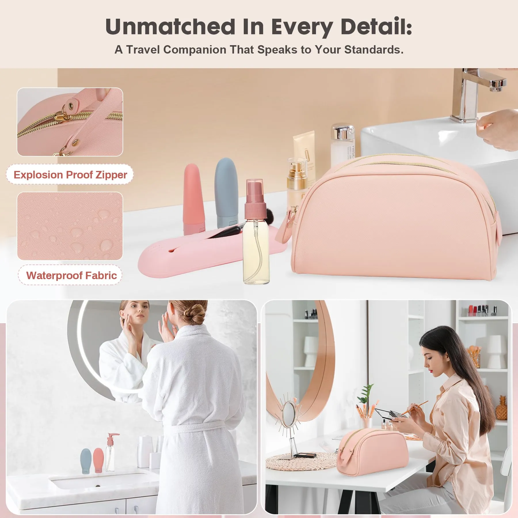 Carpdiem Travel Essentials for Women: Premium 12-Piece Travel Kit in Stylish Pink Cosmetic Bag - Perfect for Holidays, TSA Approved (Grand Bag)