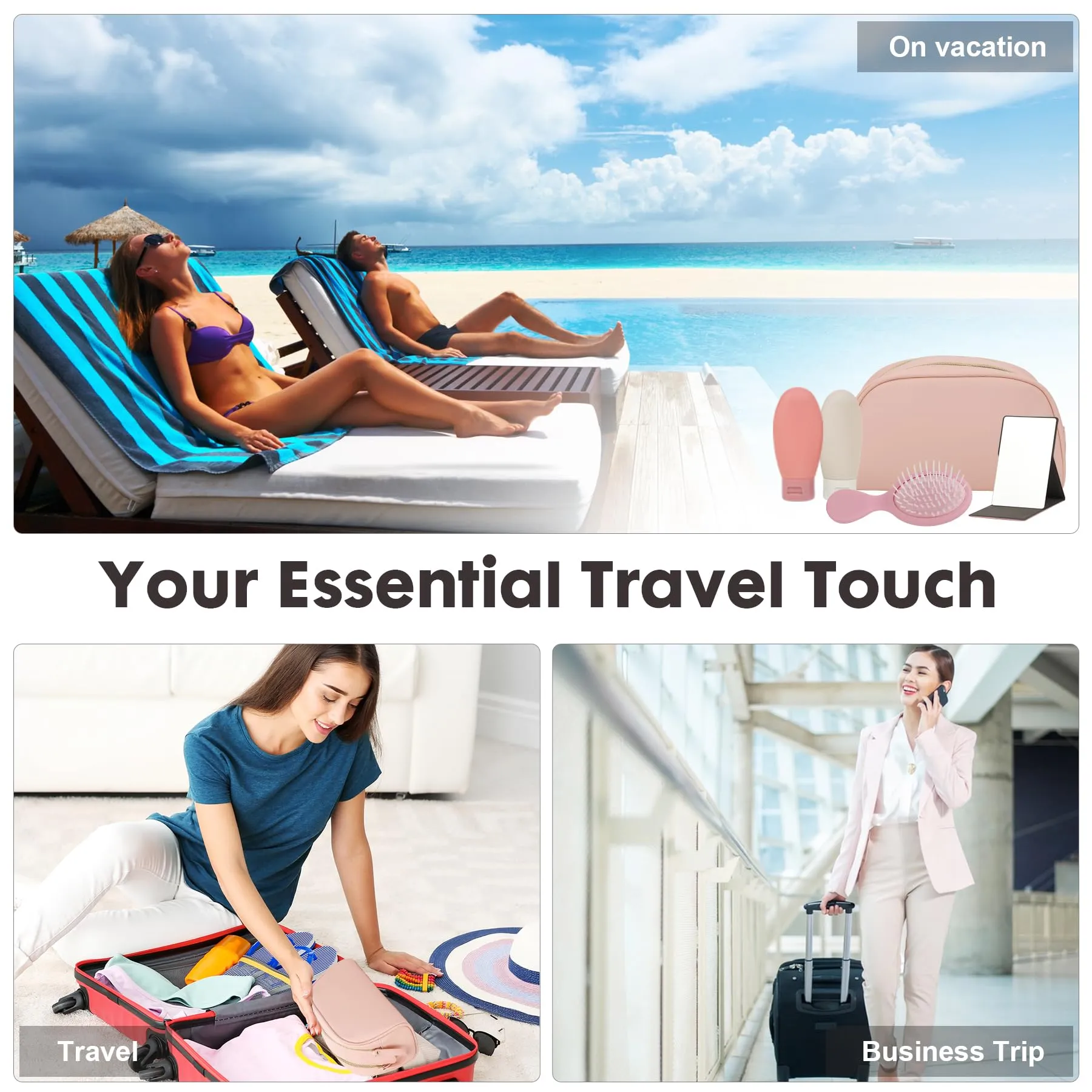 Carpdiem Travel Essentials for Women: Premium 12-Piece Travel Kit in Stylish Pink Cosmetic Bag - Perfect for Holidays, TSA Approved (Grand Bag)