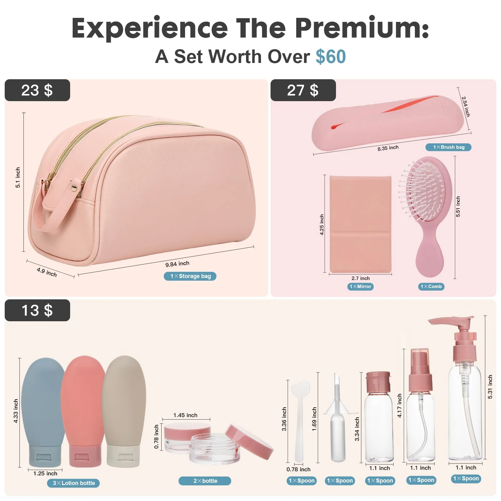 Carpdiem Travel Essentials for Women: Premium 12-Piece Travel Kit in Stylish Pink Cosmetic Bag - Perfect for Holidays, TSA Approved (Grand Bag)
