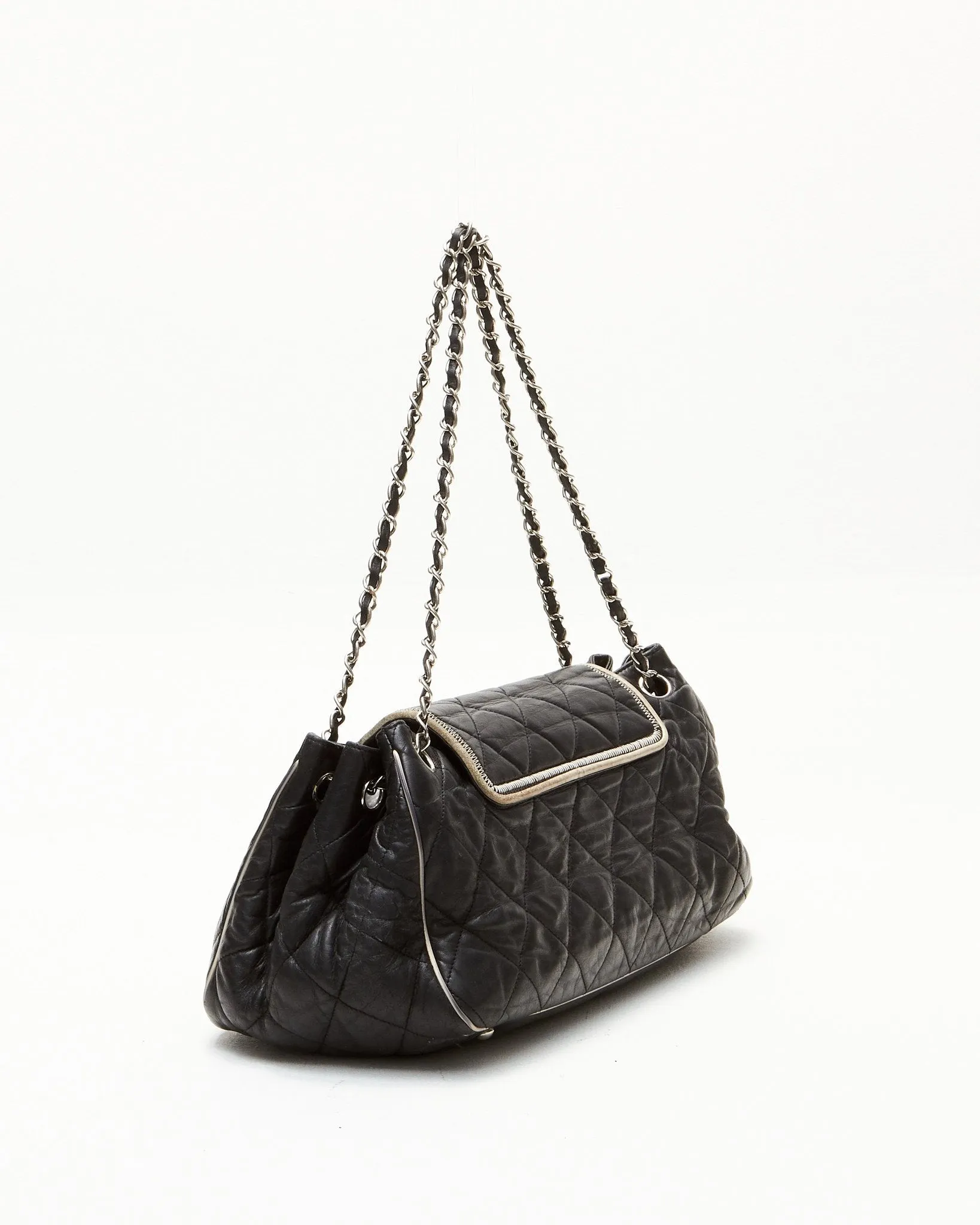 Chanel Black Lambskin Quilted Leather East West Mademoiselle Accordion Flap Shoulder Bag