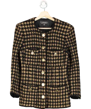 Chanel Camel/ Black Houndstooth Tweed Wool Jacket with: Perfume Bottle gold buttons UK S