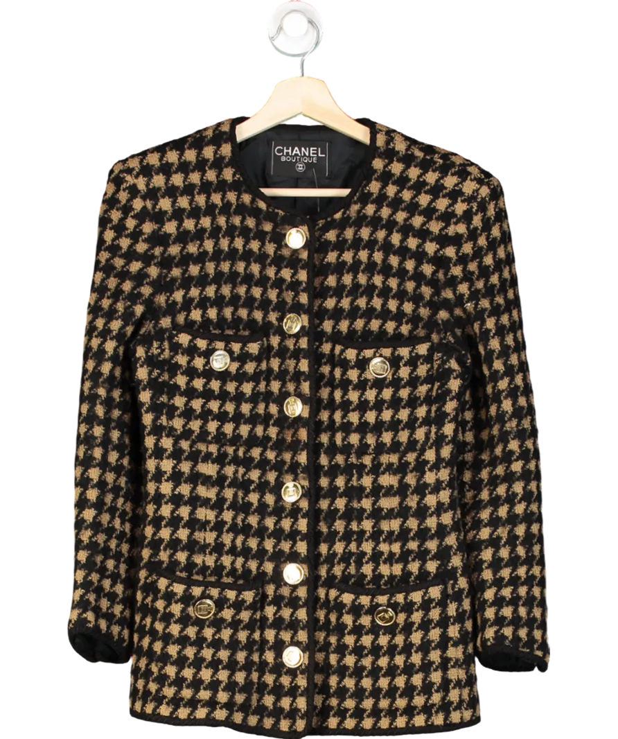 Chanel Camel/ Black Houndstooth Tweed Wool Jacket with: Perfume Bottle gold buttons UK S
