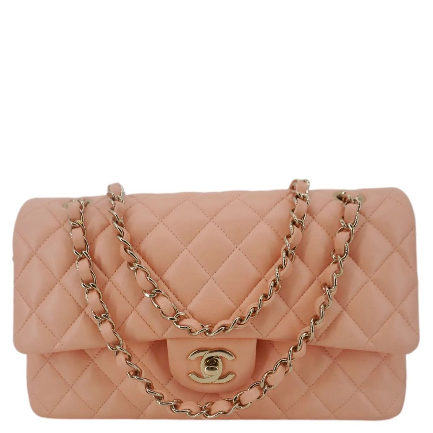 CHANEL Classic Double Flap Quilted Leather Crossbody Bag Peach