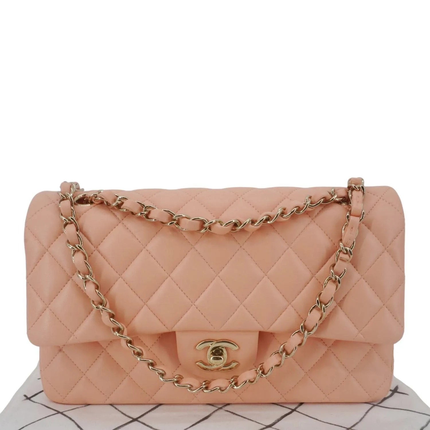 CHANEL Classic Double Flap Quilted Leather Crossbody Bag Peach