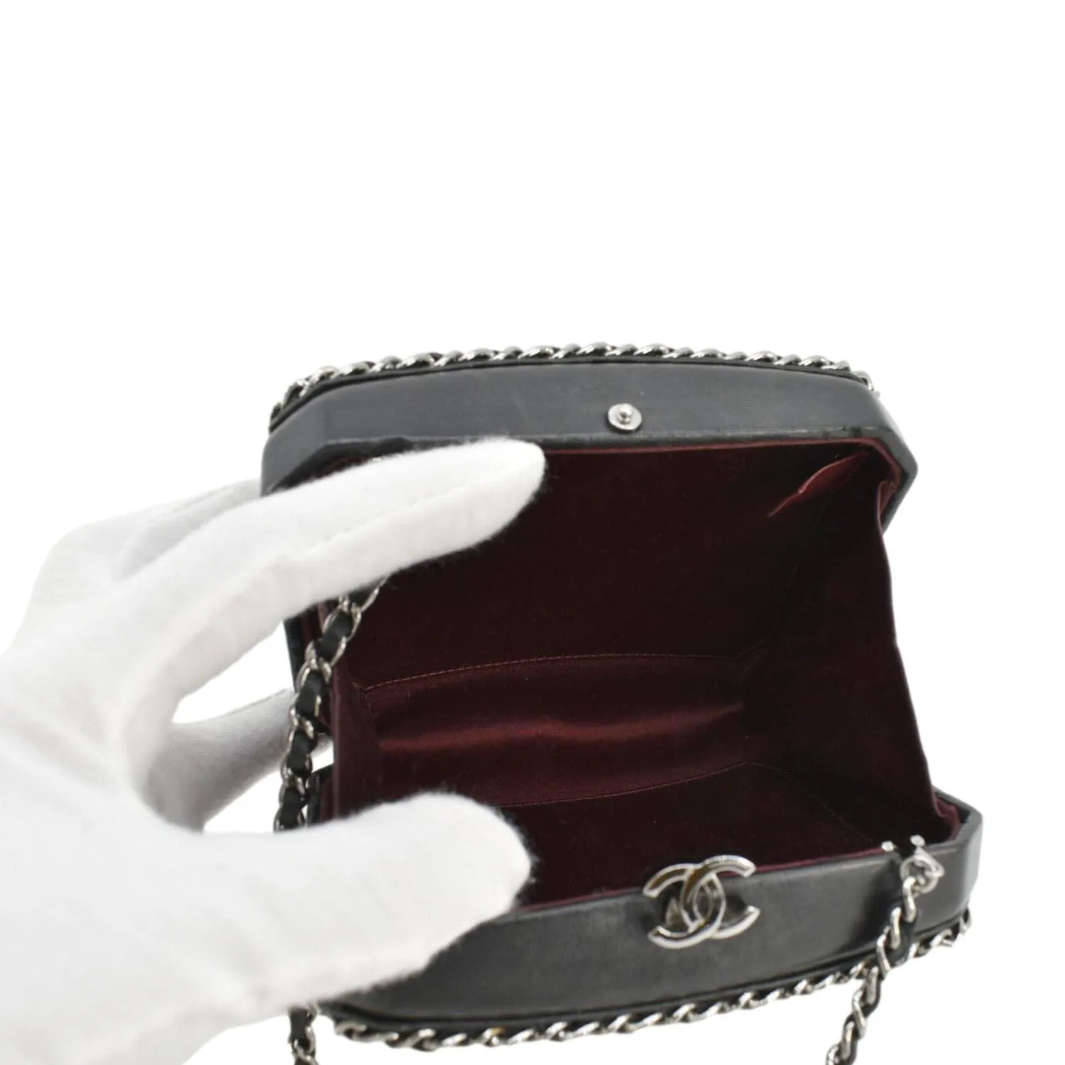 CHANEL Minaudiere Lambskin Leather Chain Clutch Crossbody Black