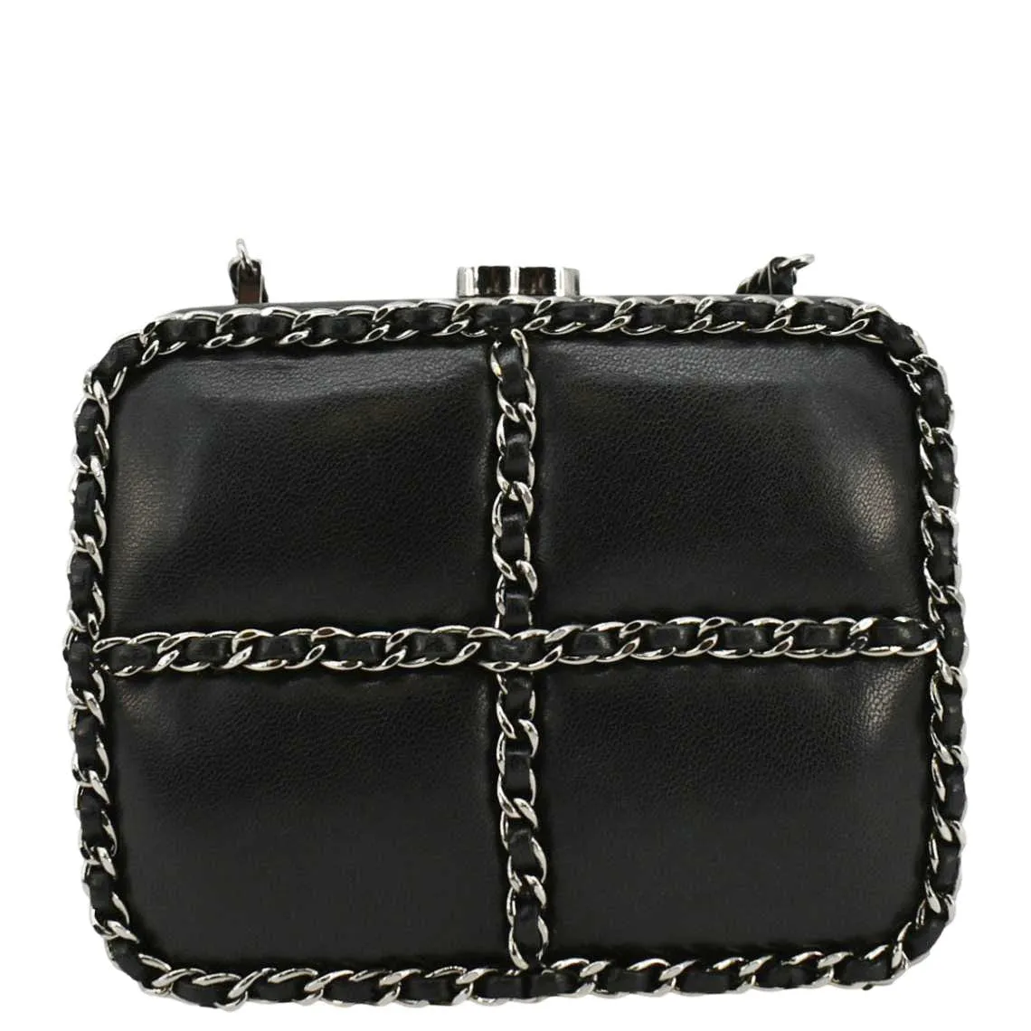 CHANEL Minaudiere Lambskin Leather Chain Clutch Crossbody Black