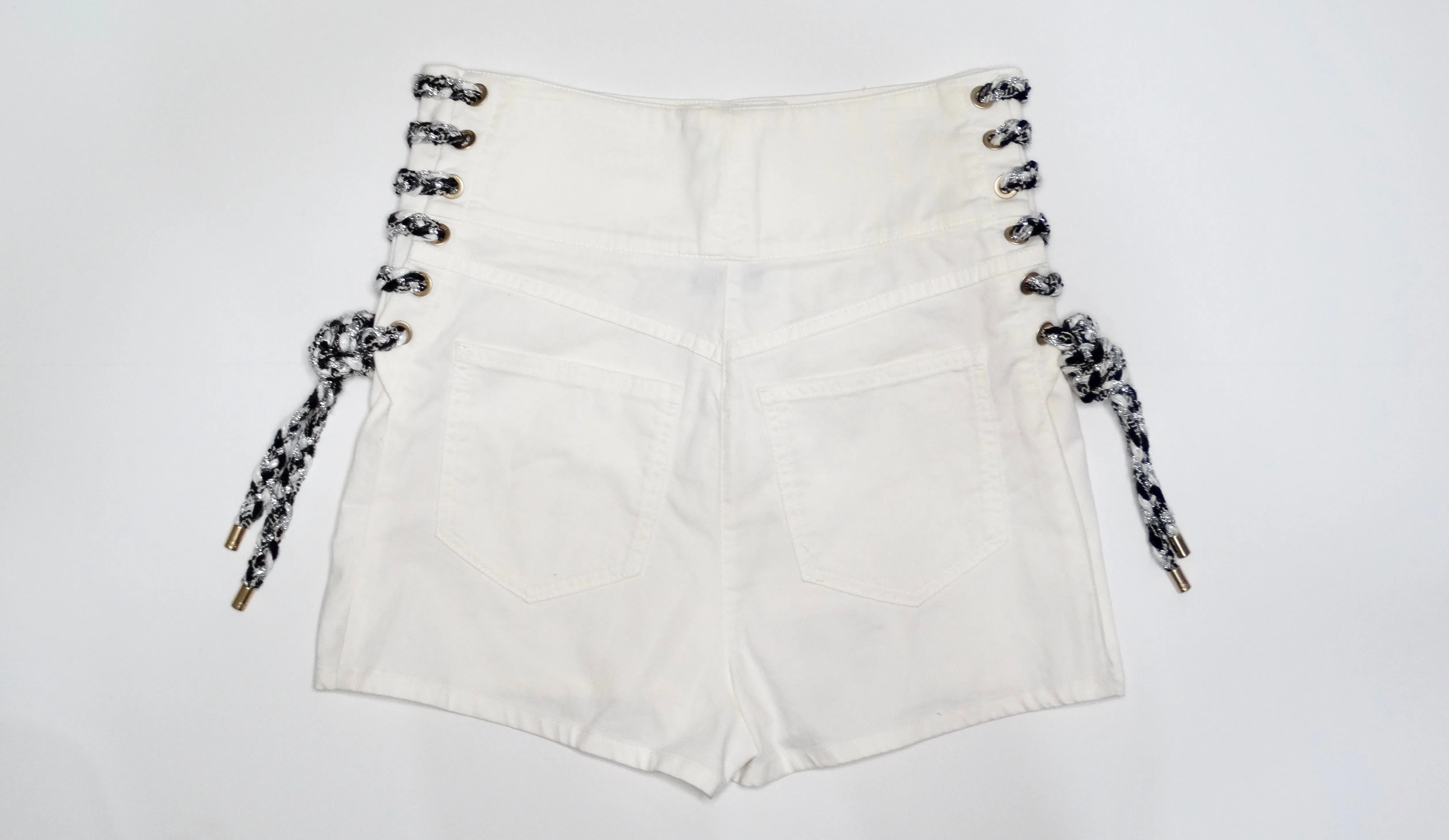 Chanel White High-Waisted Cotton Stretch Denim Shorts With Lace Up Braid Detail
