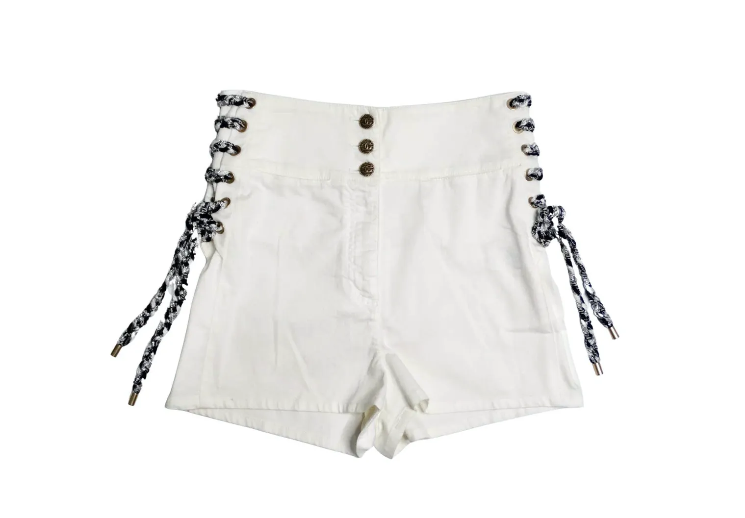 Chanel White High-Waisted Cotton Stretch Denim Shorts With Lace Up Braid Detail