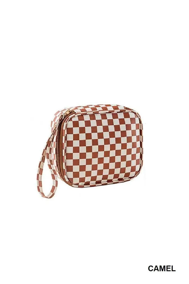 Checkered Cosmetic Makeup Travel Case In Camel