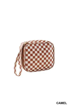 Checkered Cosmetic Makeup Travel Case In Camel