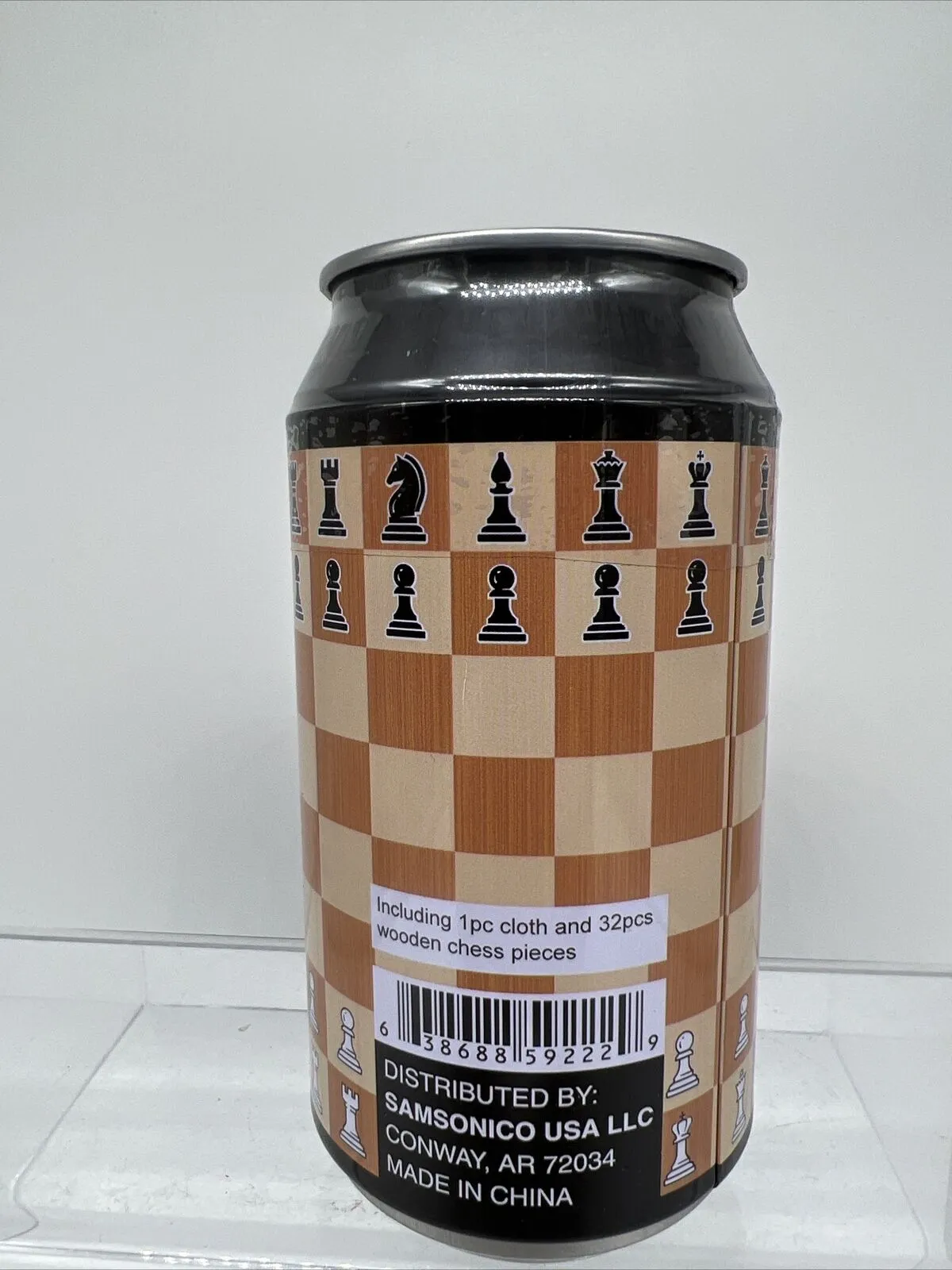 Chess in a Can Cloth Board 32 Wooden Pieces Travel Game