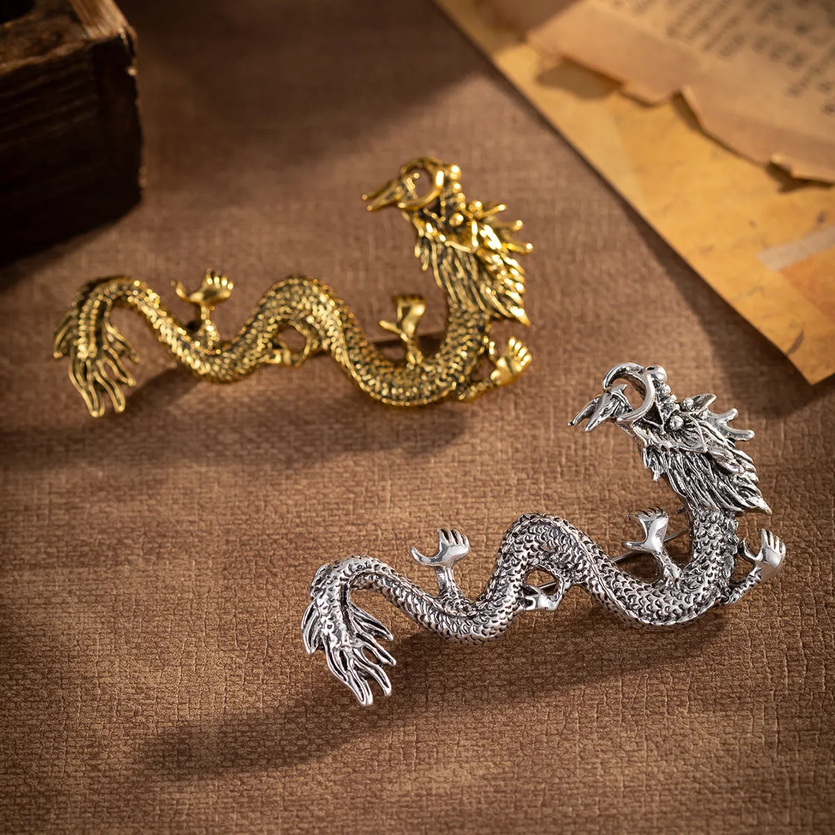 Chinese Style Zodiac Dragon Totem Retro Gold Silver Brooch 3pcs