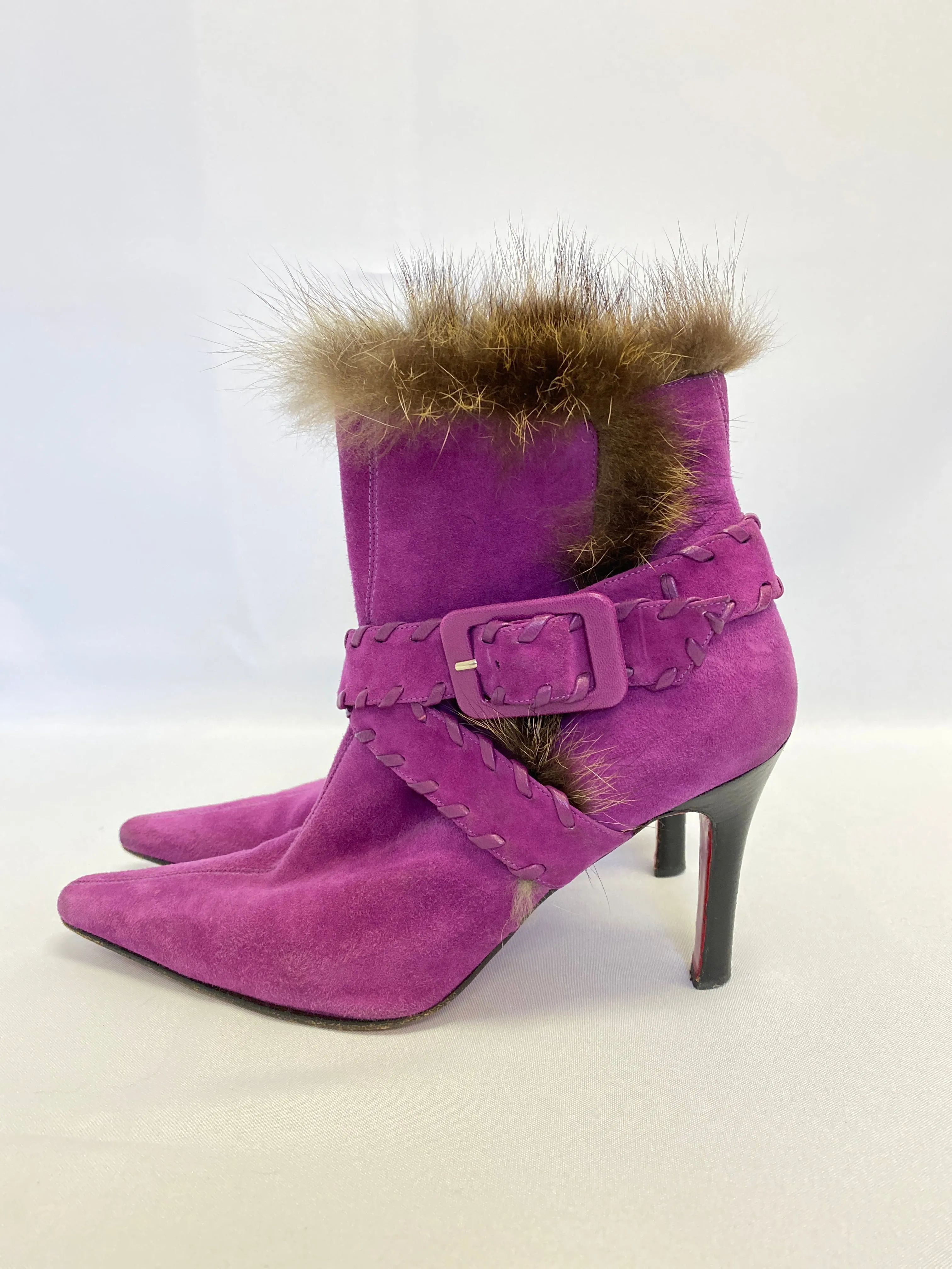 Christian Louboutin Magenta Suede BootieChristian Louboutin Magenta Fur Lined Suede Bootie