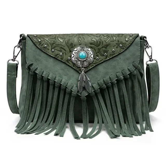 Christianartbag Handmade Leather Bag, Design Shoulder Bags For Women Vintage Messenger Rivet Tassel Designer Luxury Bags Ethnic Clutch Western Handbag, CABHMB03141023
