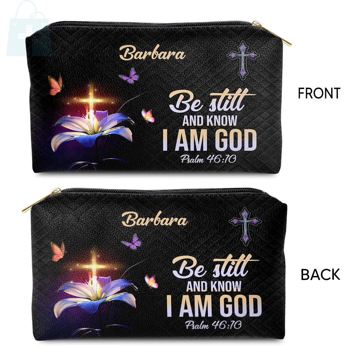 Christianartbag Makeup Cosmetic Bag, Be Still And Know That I Am God, Christmas Gift, Personalized Leather Cosmetic Bag.