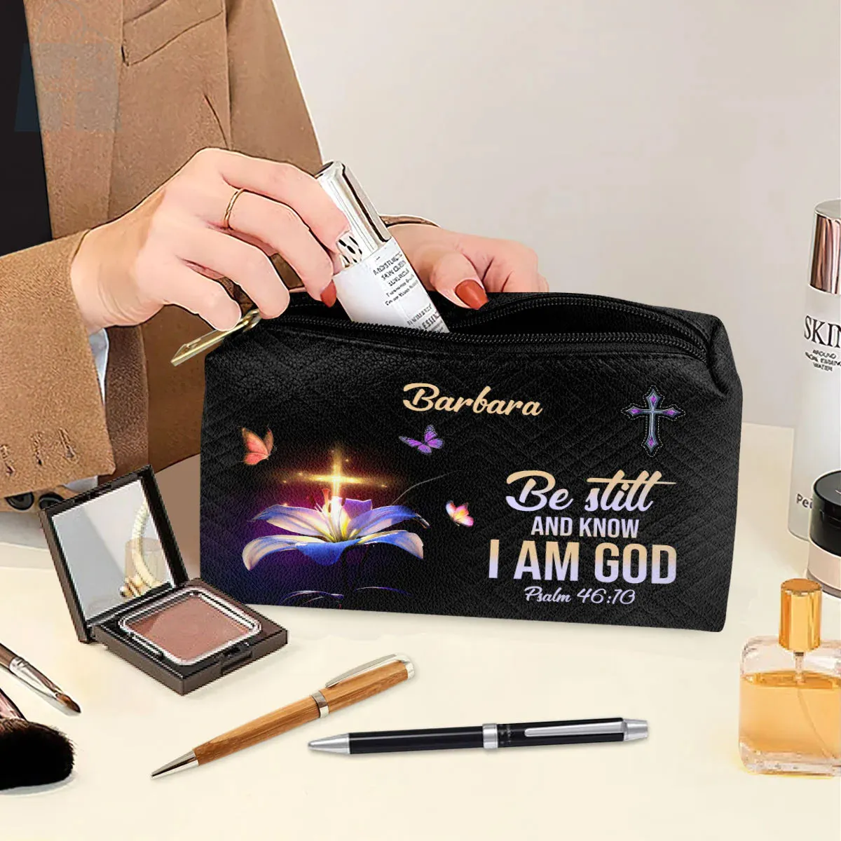 Christianartbag Makeup Cosmetic Bag, Be Still And Know That I Am God, Christmas Gift, Personalized Leather Cosmetic Bag.