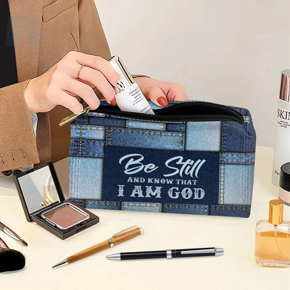 Christianartbag Makeup Cosmetic Bag, Be Still And Know That I Am God Christmas Gift, Personalized Leather Cosmetic Bag.