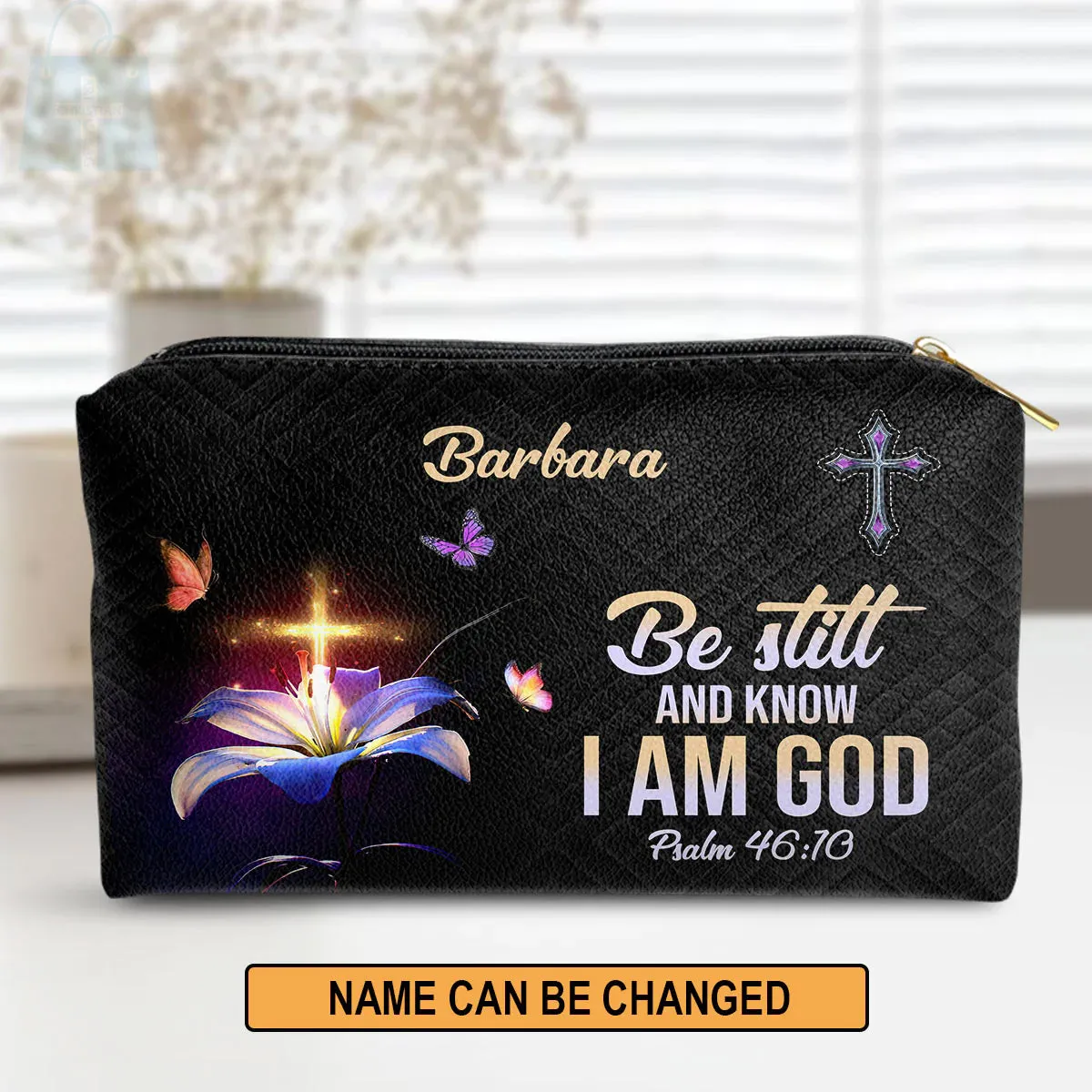 Christianartbag Makeup Cosmetic Bag, Be Still And Know That I Am God, Christmas Gift, Personalized Leather Cosmetic Bag.
