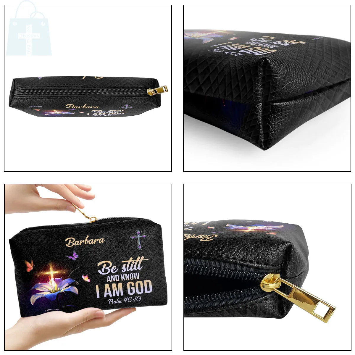 Christianartbag Makeup Cosmetic Bag, Be Still And Know That I Am God, Christmas Gift, Personalized Leather Cosmetic Bag.