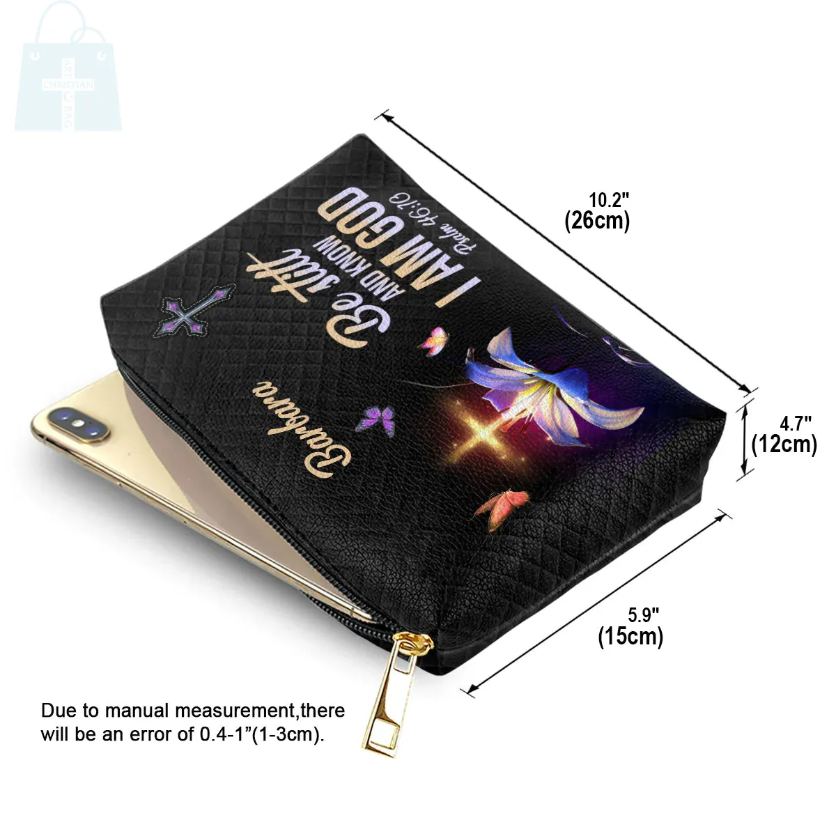 Christianartbag Makeup Cosmetic Bag, Be Still And Know That I Am God, Christmas Gift, Personalized Leather Cosmetic Bag.