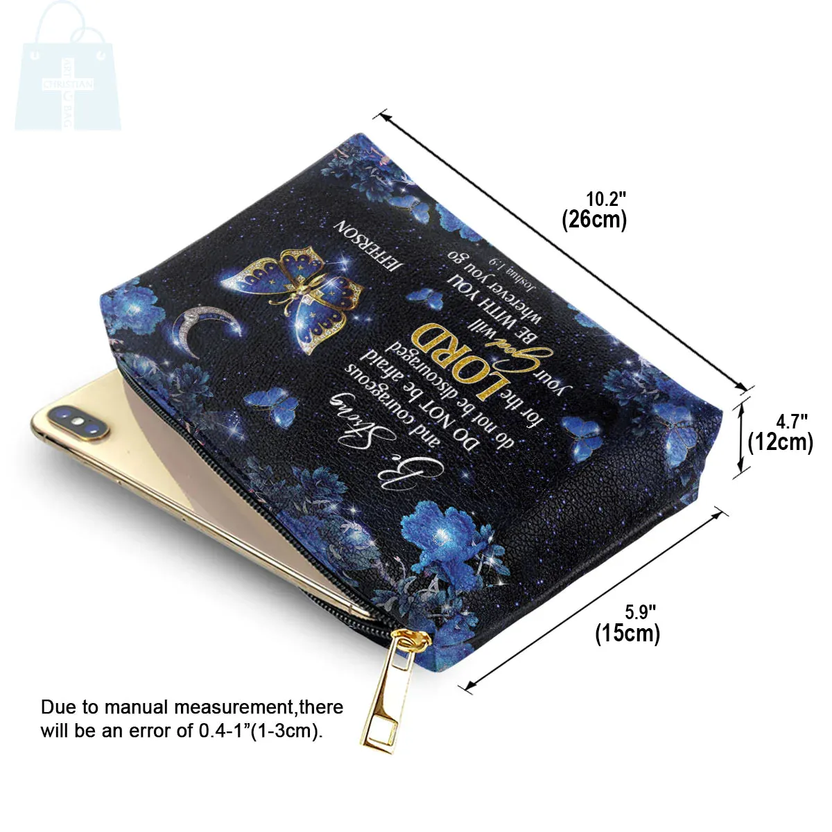 Christianartbag Makeup Cosmetic Bag, Be Strong and Courageous Joshua 1:9, Christmas Gift, Personalized Leather Cosmetic Bag.