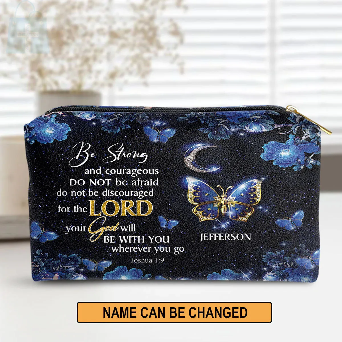 Christianartbag Makeup Cosmetic Bag, Be Strong and Courageous Joshua 1:9, Christmas Gift, Personalized Leather Cosmetic Bag.