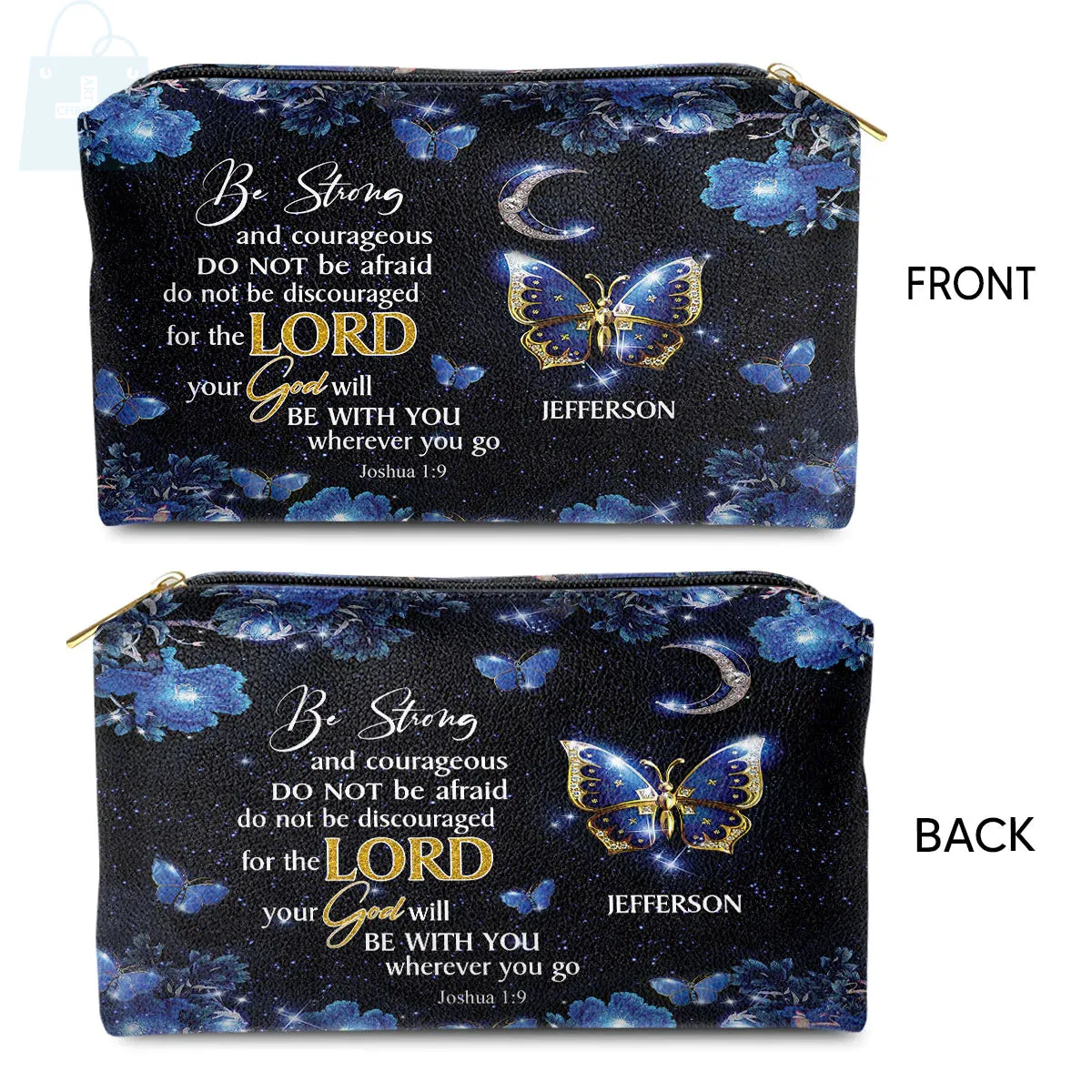 Christianartbag Makeup Cosmetic Bag, Be Strong and Courageous Joshua 1:9, Christmas Gift, Personalized Leather Cosmetic Bag.