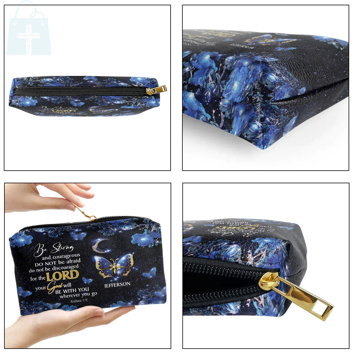 Christianartbag Makeup Cosmetic Bag, Be Strong and Courageous Joshua 1:9, Christmas Gift, Personalized Leather Cosmetic Bag.